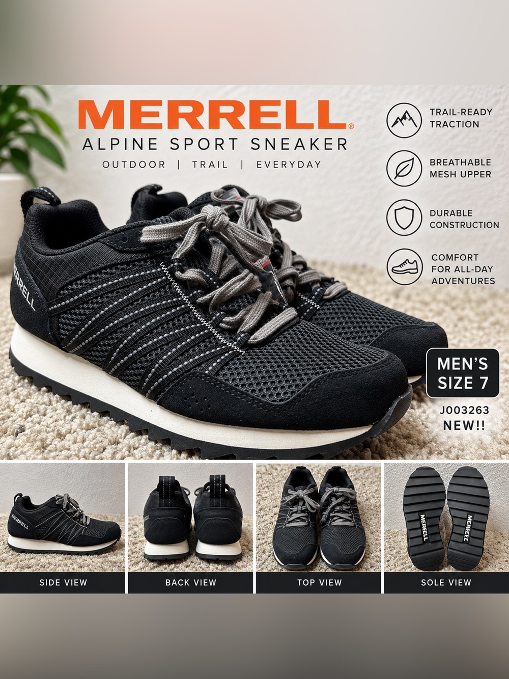 Merrell Alpine Sport Sneakers Men’s Size 7 Black Outdoor Trail Shoes J003263 NEW